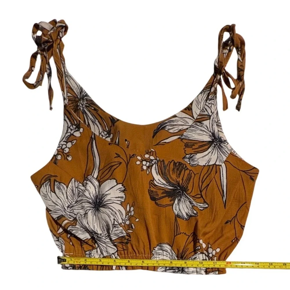 Boho Floral Crop Top Tie Strap Tank Brown White Smocked Summer Small - Picture 5 of 7